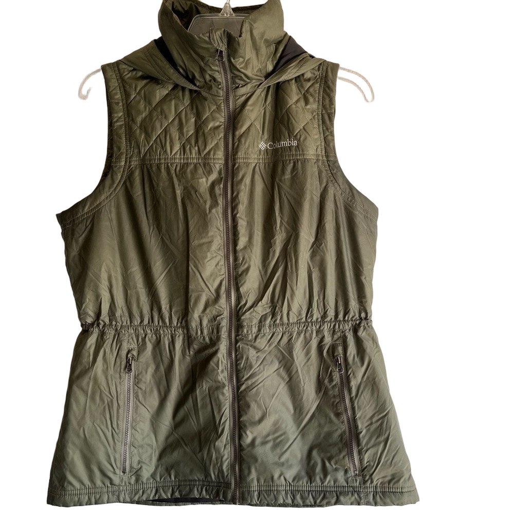 Columbia Olive Hooded Quilted Vest Sleeveless Full Zipper Adjustable Womens L